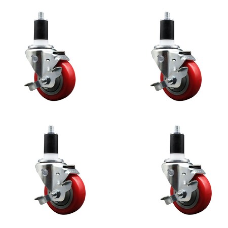 Service Caster 3.5'' SS Red Poly Swivel 1-1/2'' Expanding Stem Caster Set with Brake, 4PK SCC-SSEX20S3514-PPUB-RED-TLB-112-4